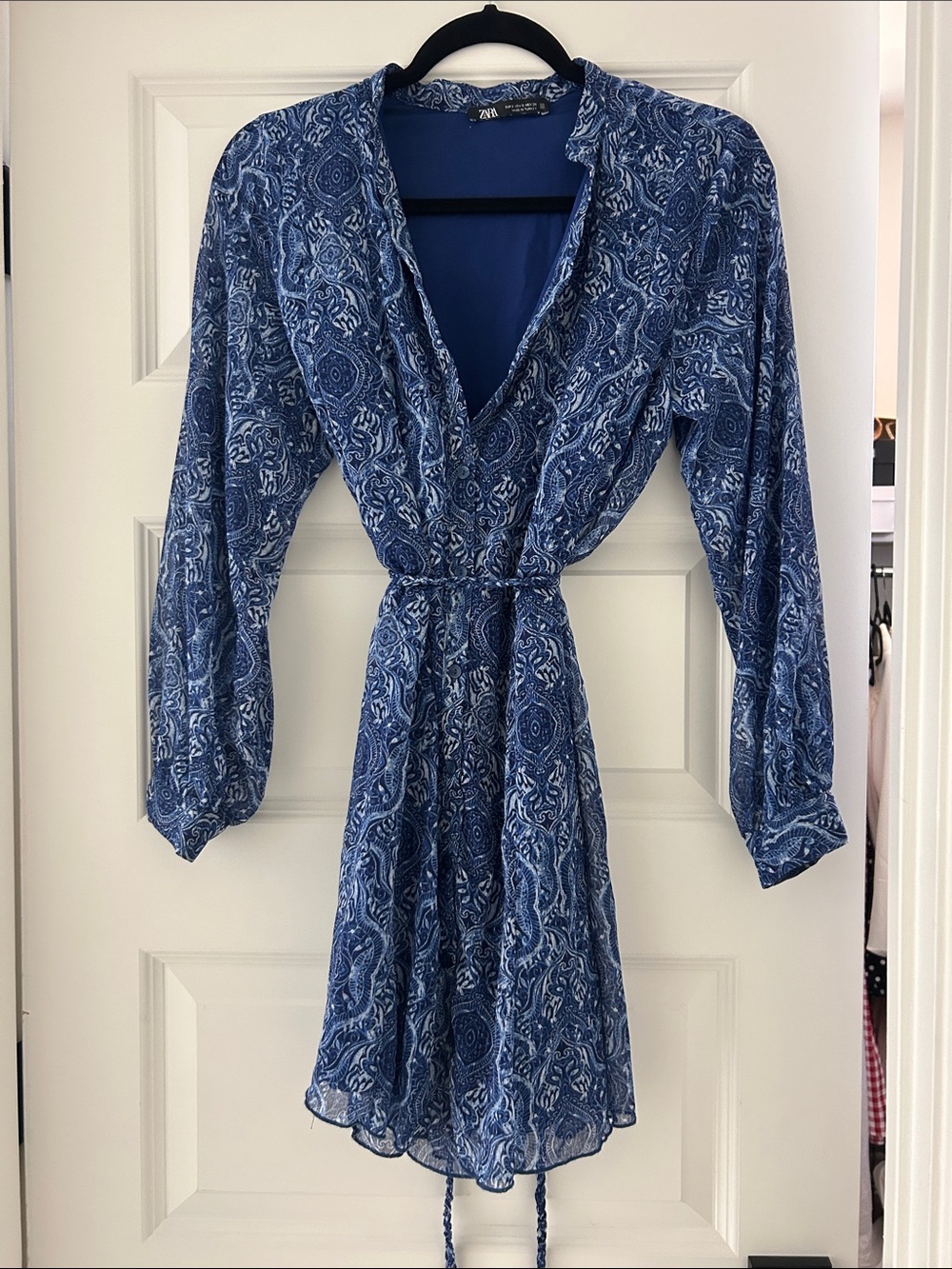 Zara Blue Paisley Long-Sleeve Wrap Dress